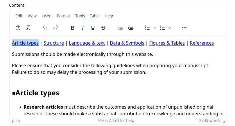 A content page with paragraphs, hyperlinks, headings, and more