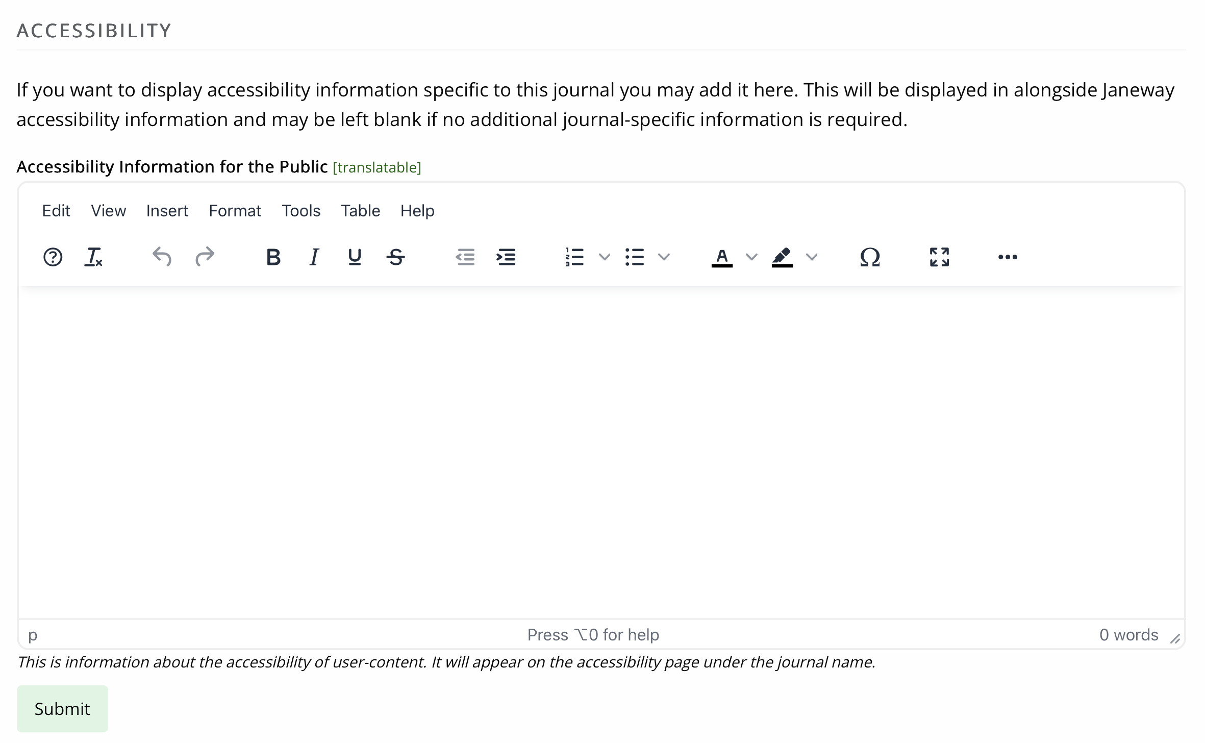Screenshot: Journal accessibility custom information field
