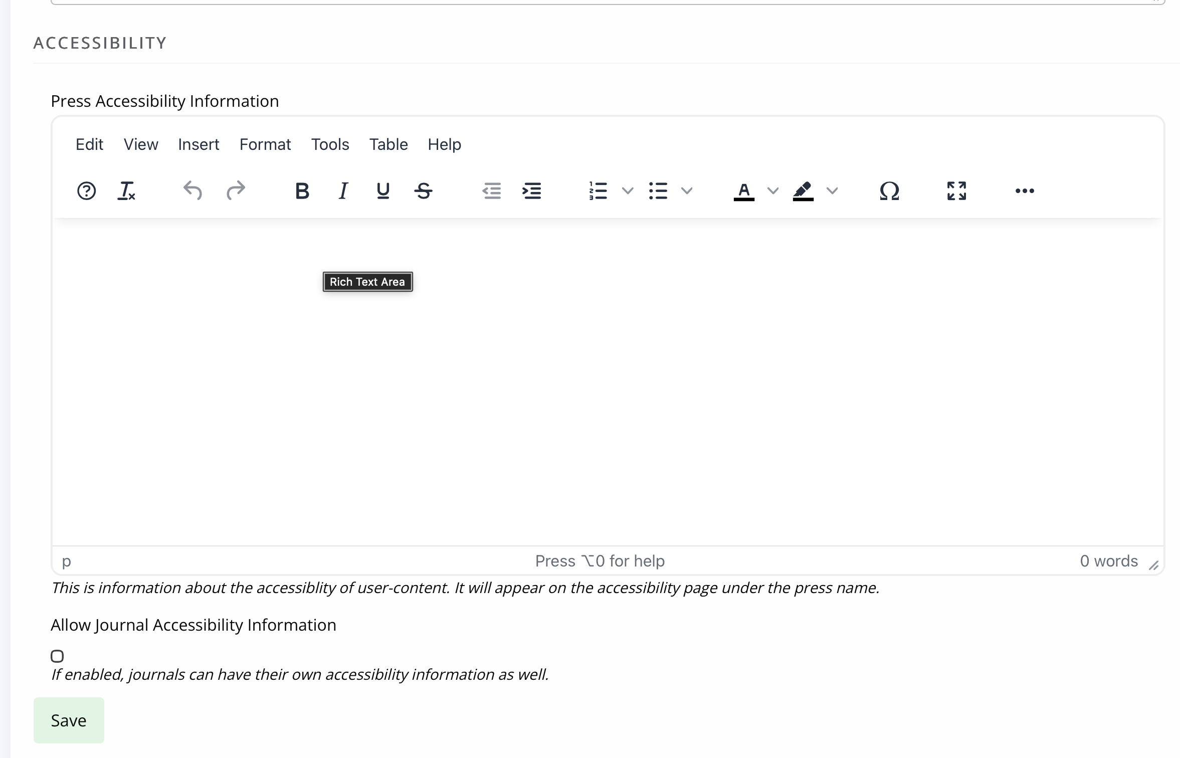 Screenshot: Press accessibility custom information field
