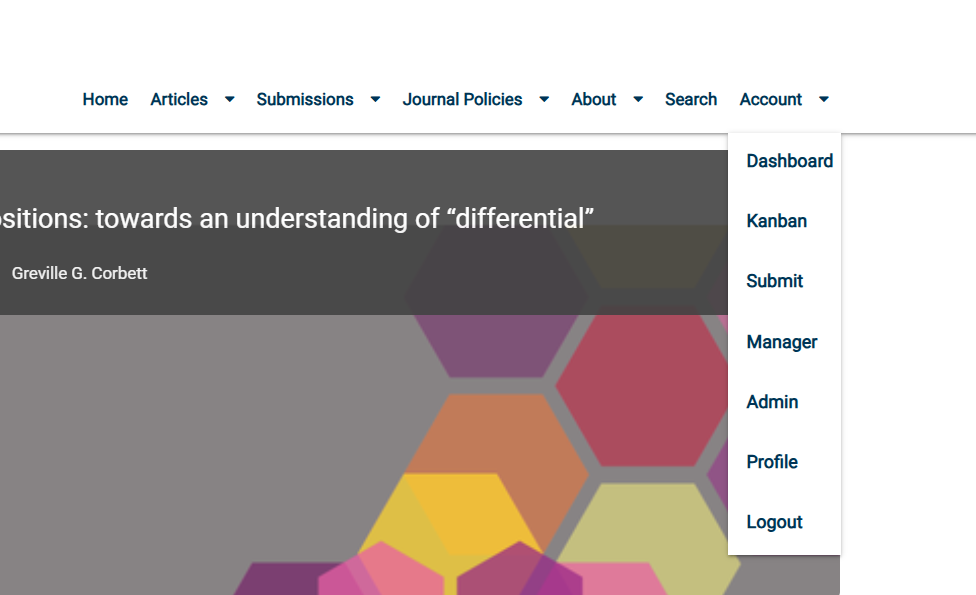 The account dropdown menu open in the top-right corner of a journal website