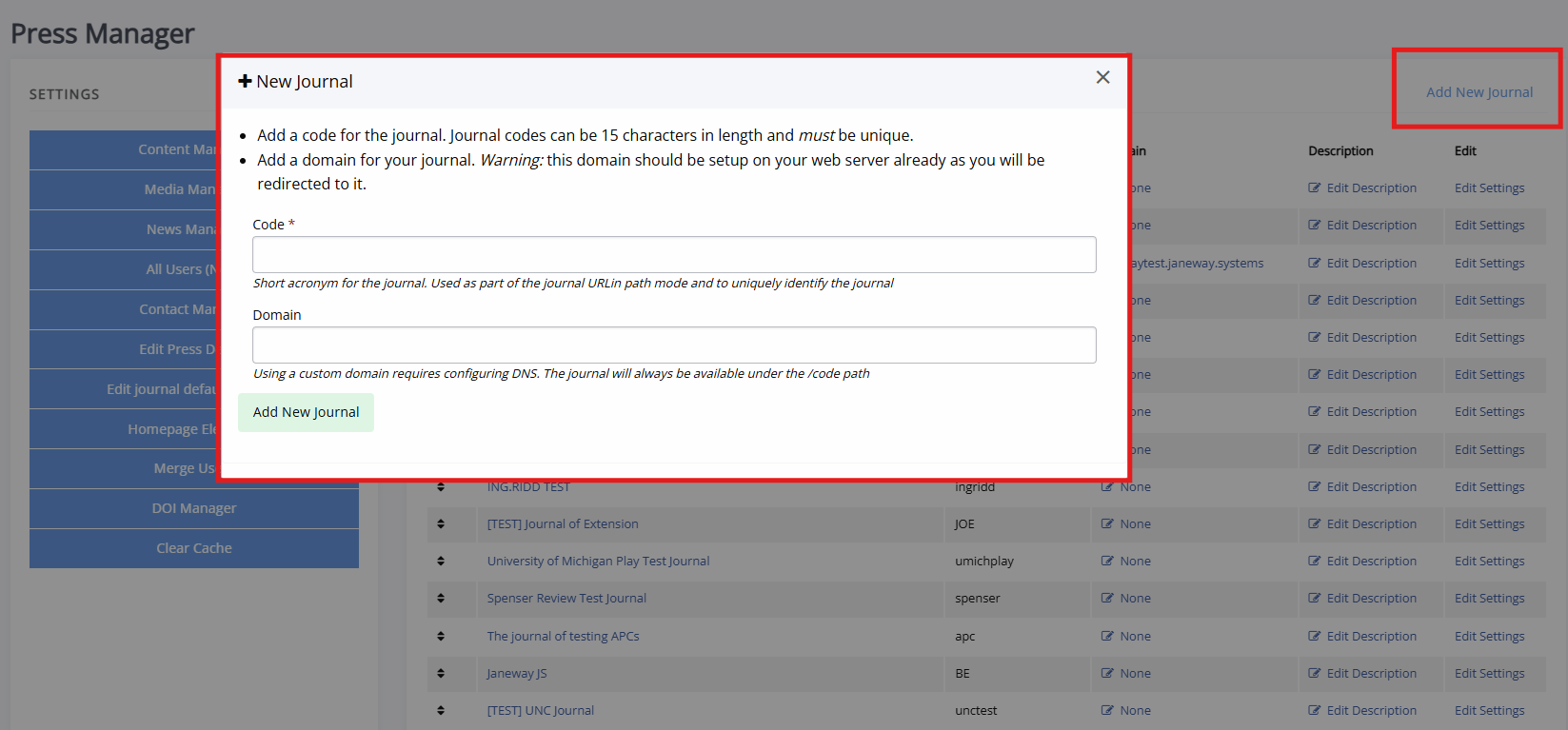 The add new journal form in the Press manager