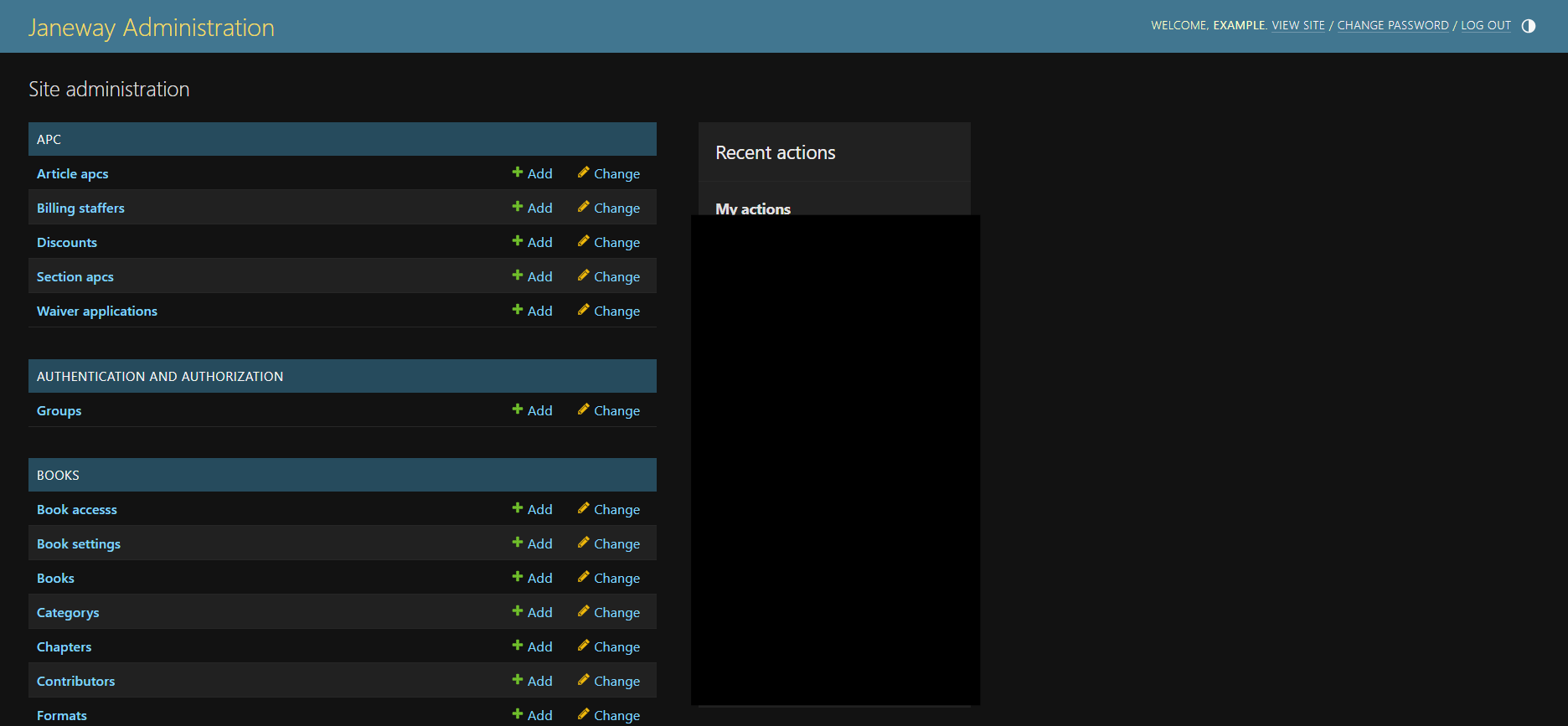 The admin interface in dark mode