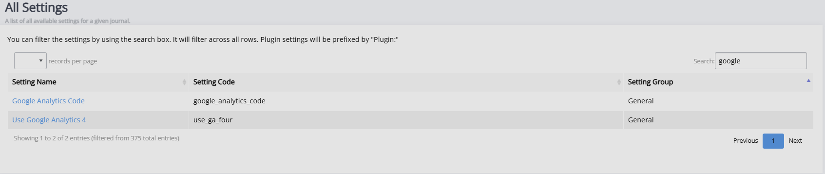 "Google analytics settings shown on the All settings page"