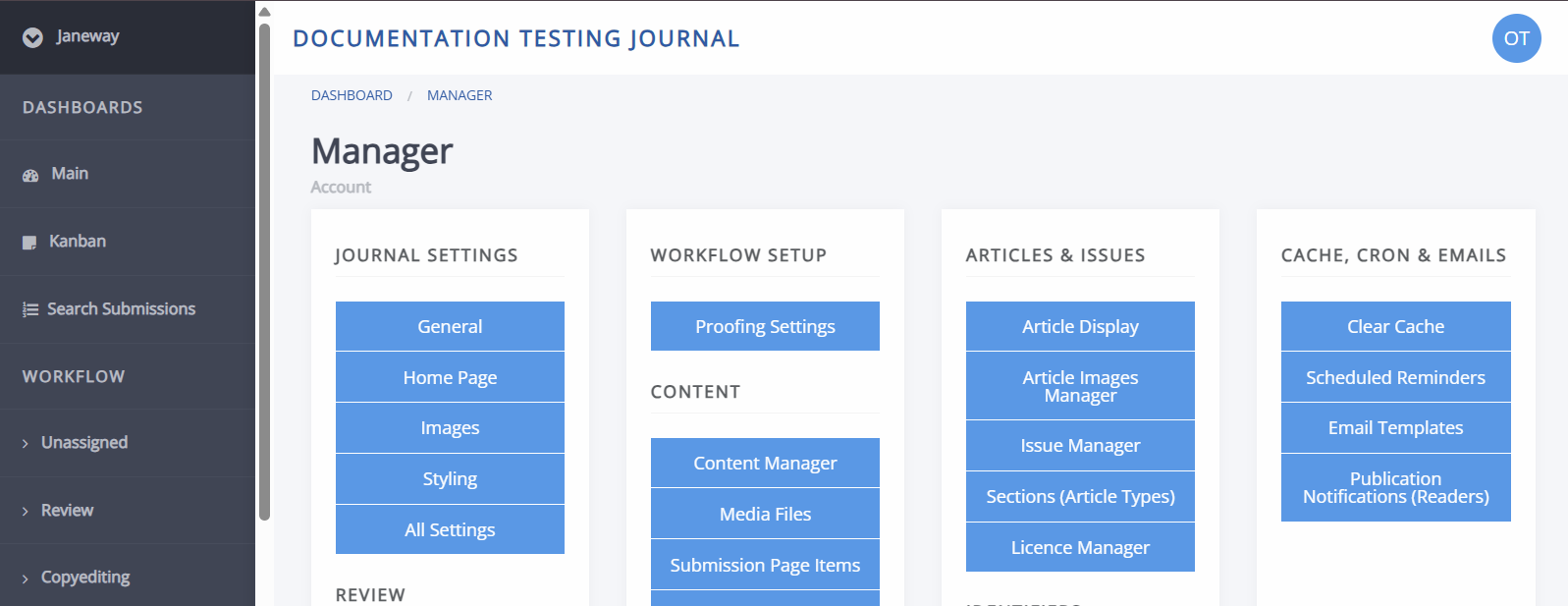 An example of the Janeway back office, the manager dashboard specifically