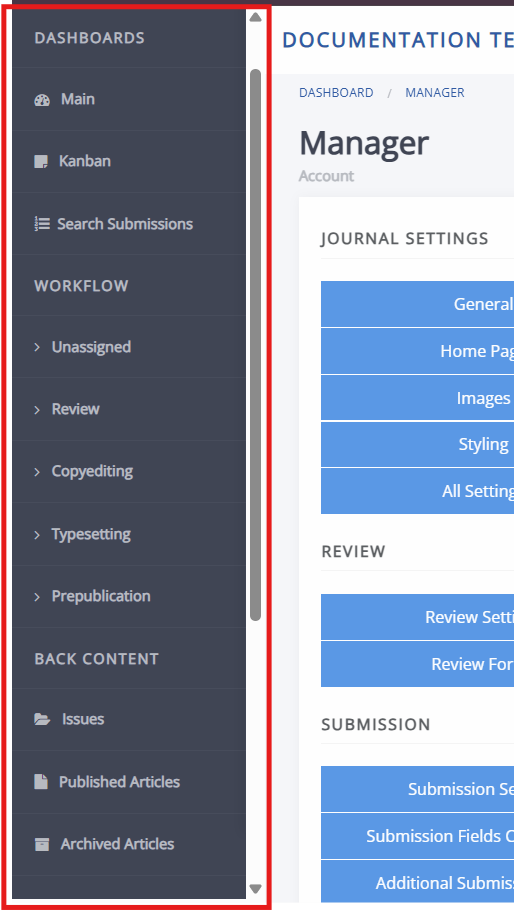 The back office sidebar.