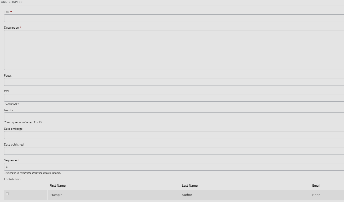 Chapter dashboard with various fields for entering metadata.