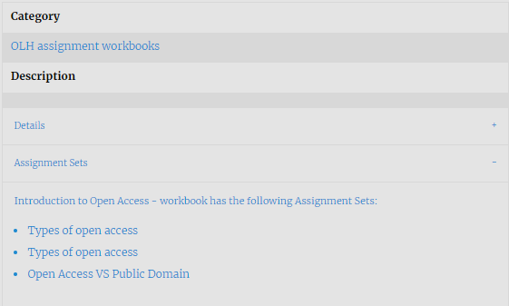 An example of how changing the 'Chapter name' fields results in a change on the website. Instead of 'Chapters' it reads 'Assignment Sets' on the dropdown. The text in the dropdown now reads 'Introduction to Open Access - workbook (the title) has the following Assignment Sets:'. It then goes on to list these.