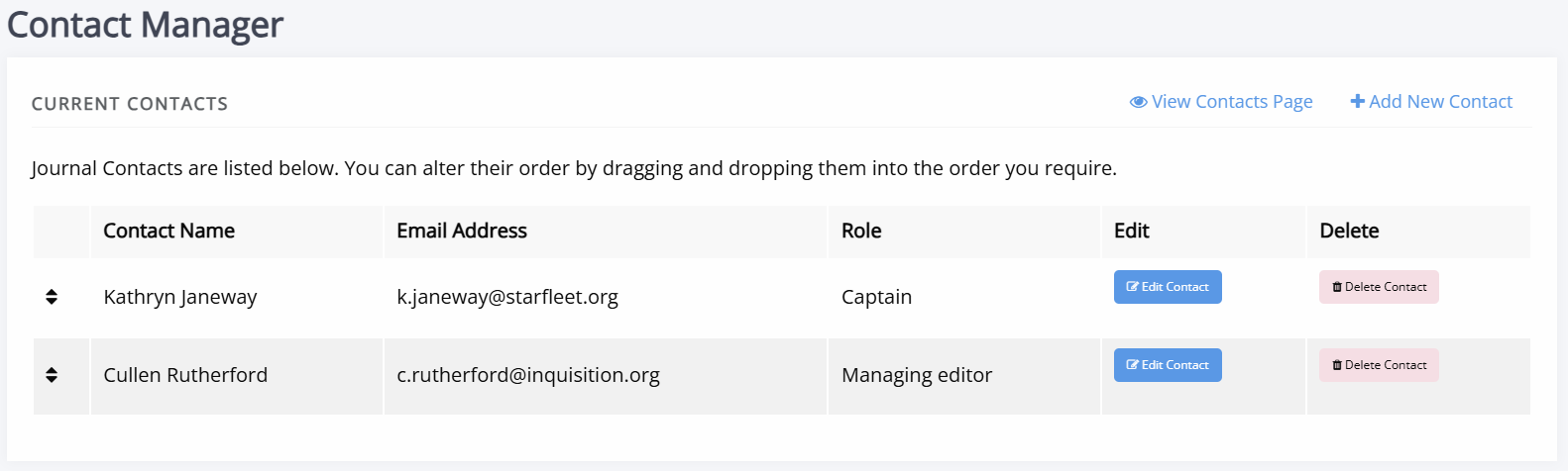 Contact manager interface. The sort handles indicate you can drag and drop to re-order your contacts.