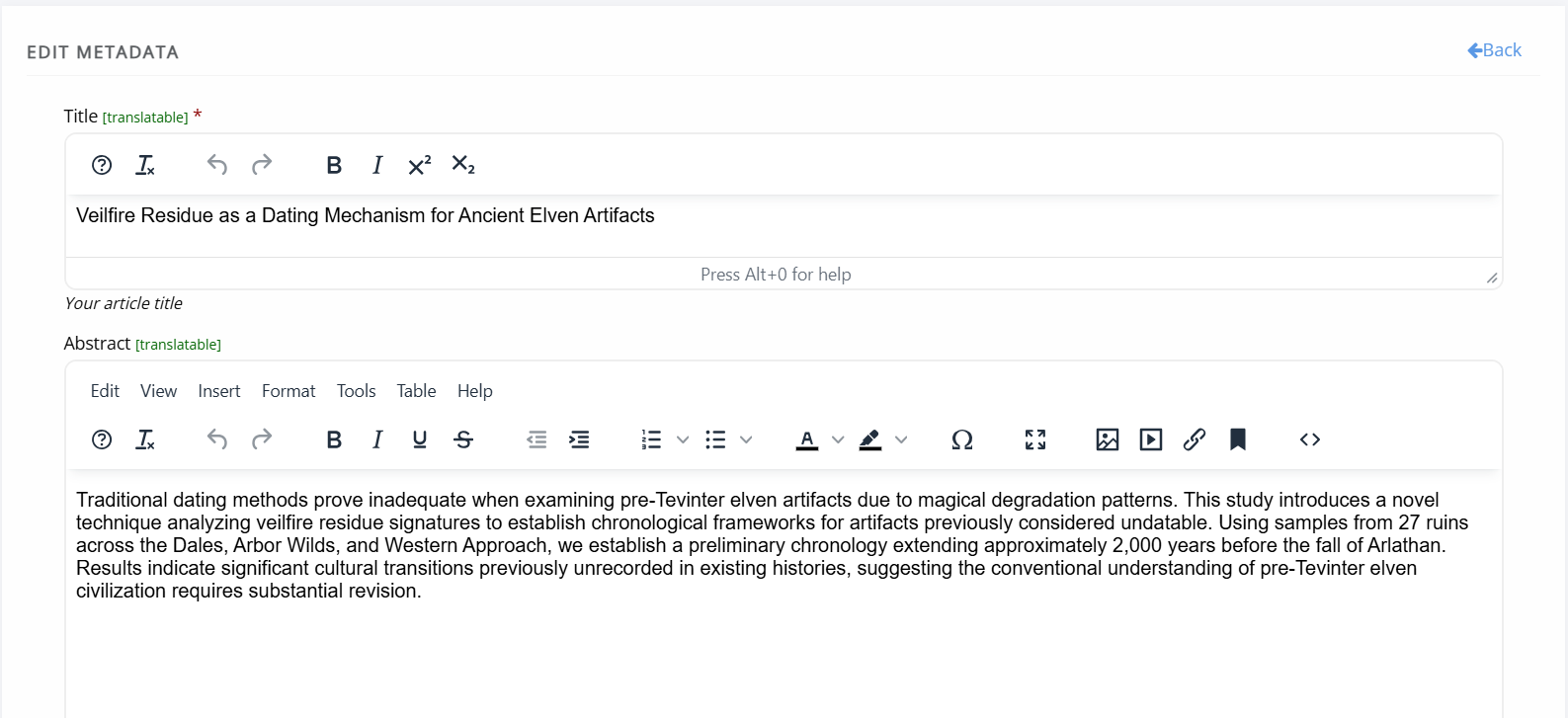 Edit metadata page, displaying the title and abstract fields