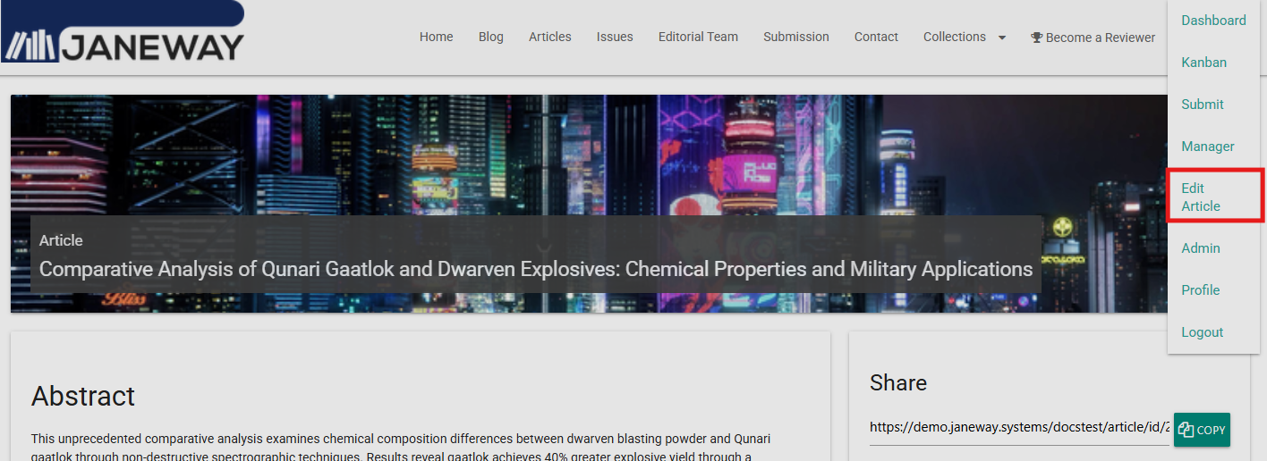 Account dropdown on the journal front end, showing the Edit article option