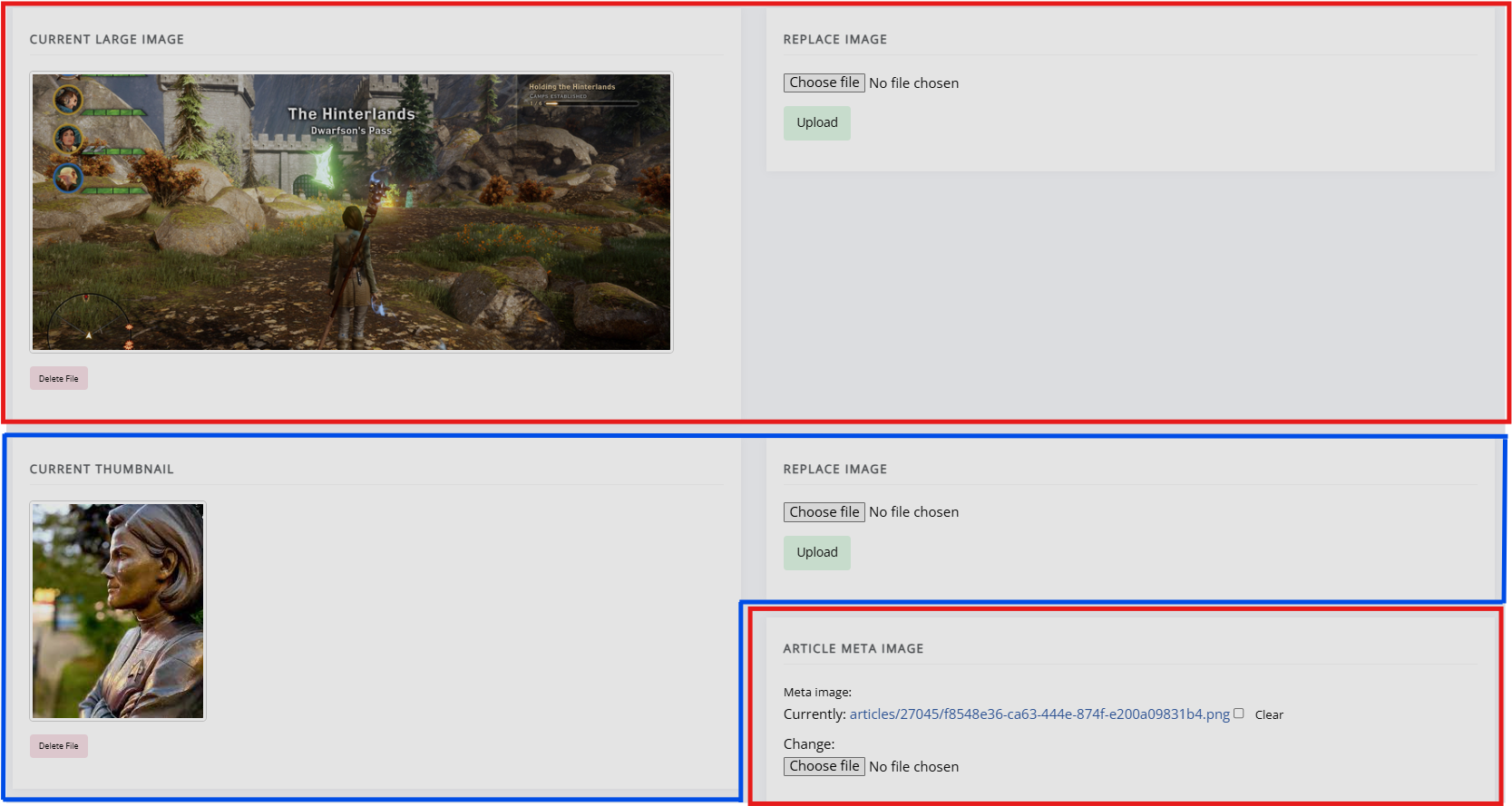 Article images page with all three images uploaded