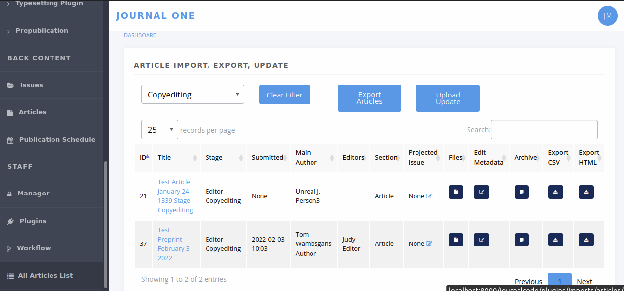 "The Import, Export, Update start page"