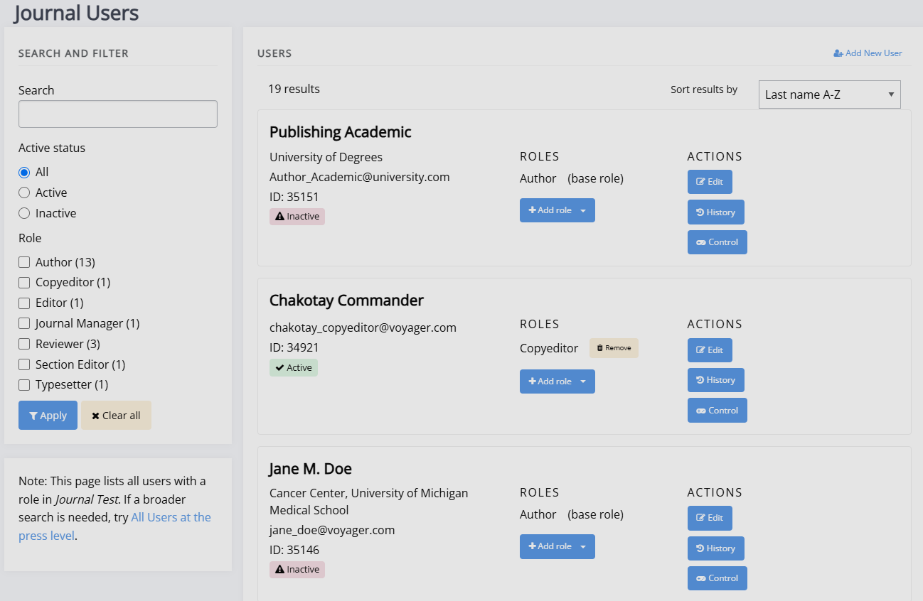 The Journal Users page.