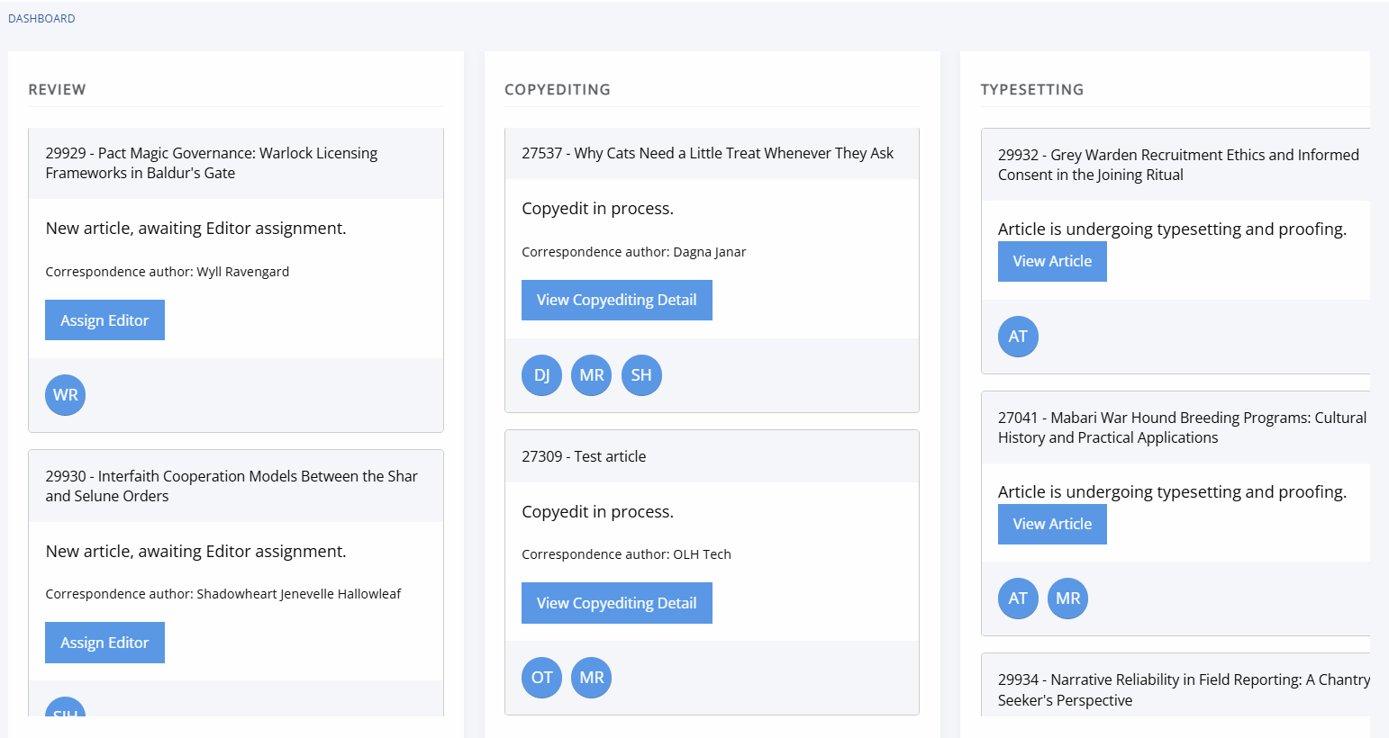 An example of a journal kanban board on Janeway