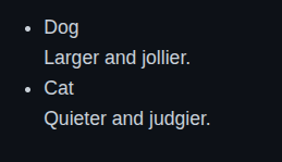 The words "cat" and "dog" appear next to bullet points, and descriptions appear underneath each word