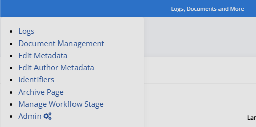 Logs, docs and more menu open, showing Article archive, Edit metadata, and Edit author metadata options