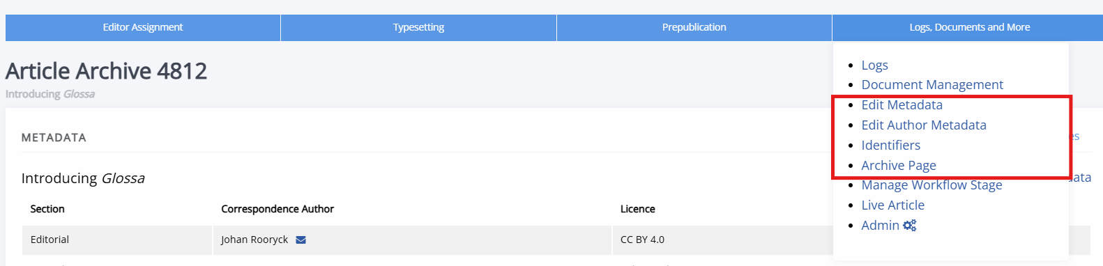Logs, documents and more dropdown menu open, showing the Article archive and Edit metadata options
