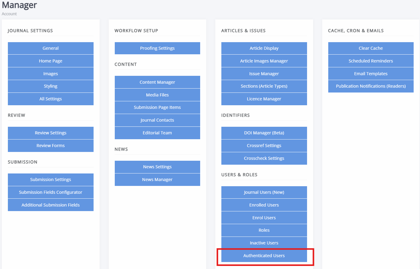 The authenticated users section of the manager dashboard highlighted.
