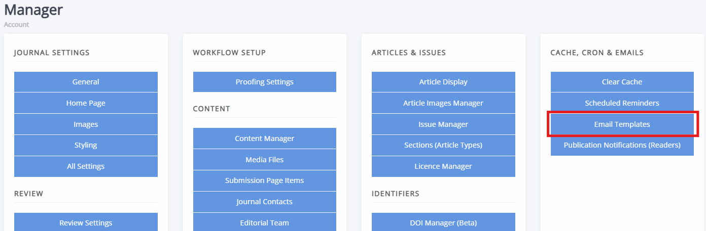 The email templates block highlighted on the manager dashboard