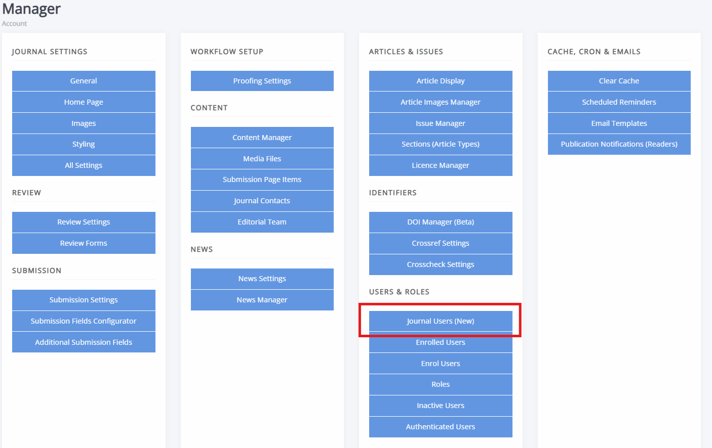 Manager dashboard with journal users-block highlighted.