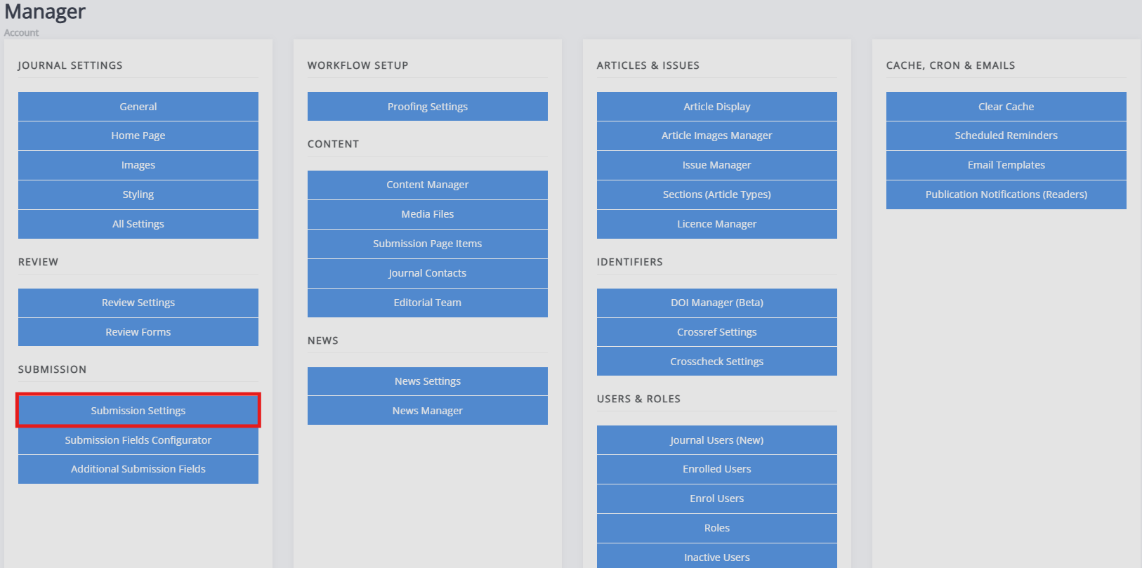 "The manager dashboard with submission settings highlighted."