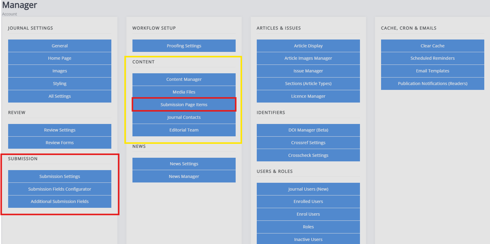 "The manager dashboard with the submission relevant blocks highlighted"
