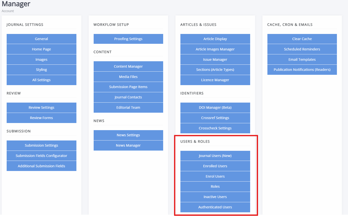 The users and roles section of the manager dashboard highlighted.