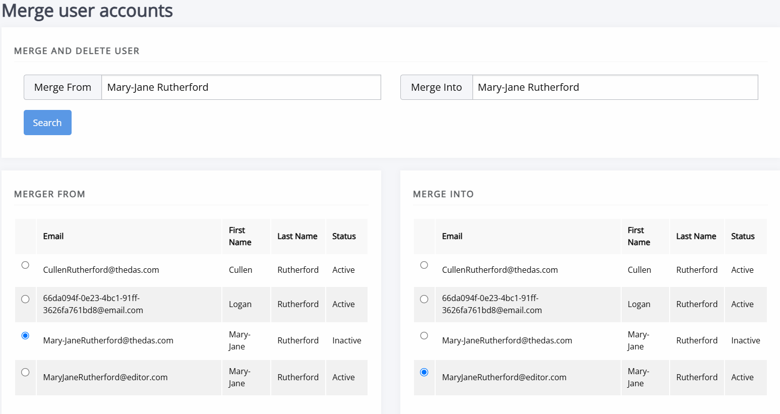 The merge users page