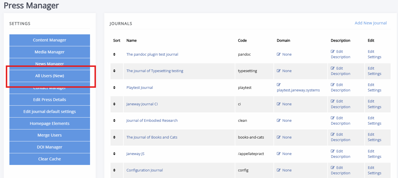 The press manager dashboard with All users highlighted.