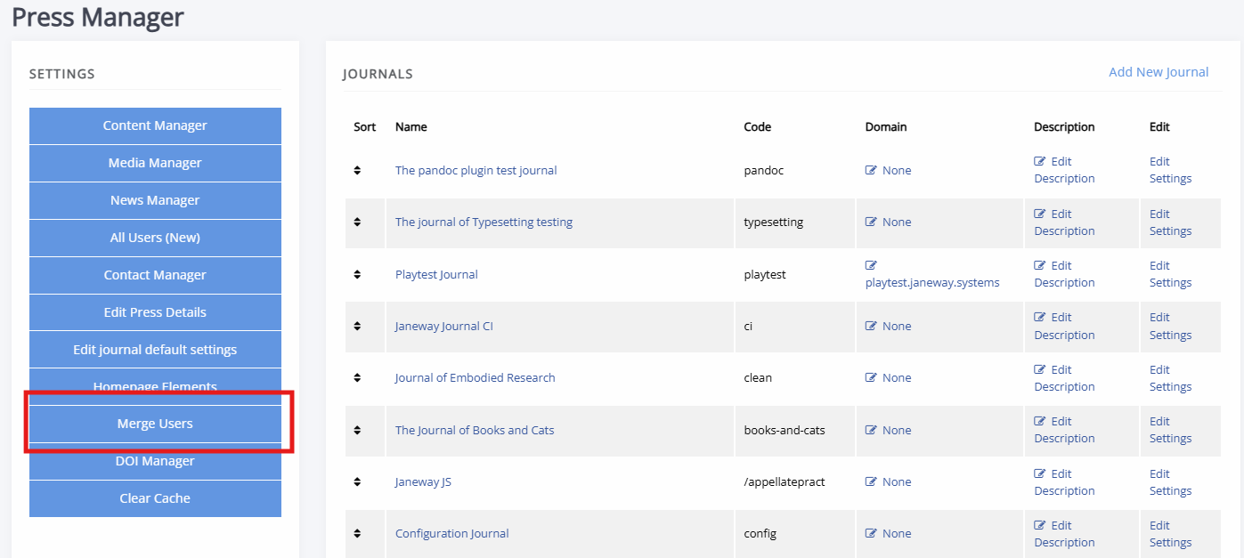 The press manager dashboard with Merge users highlighted.