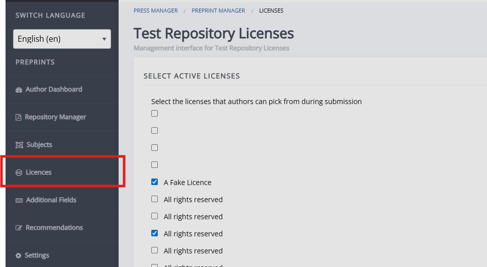 "The repository licences page."