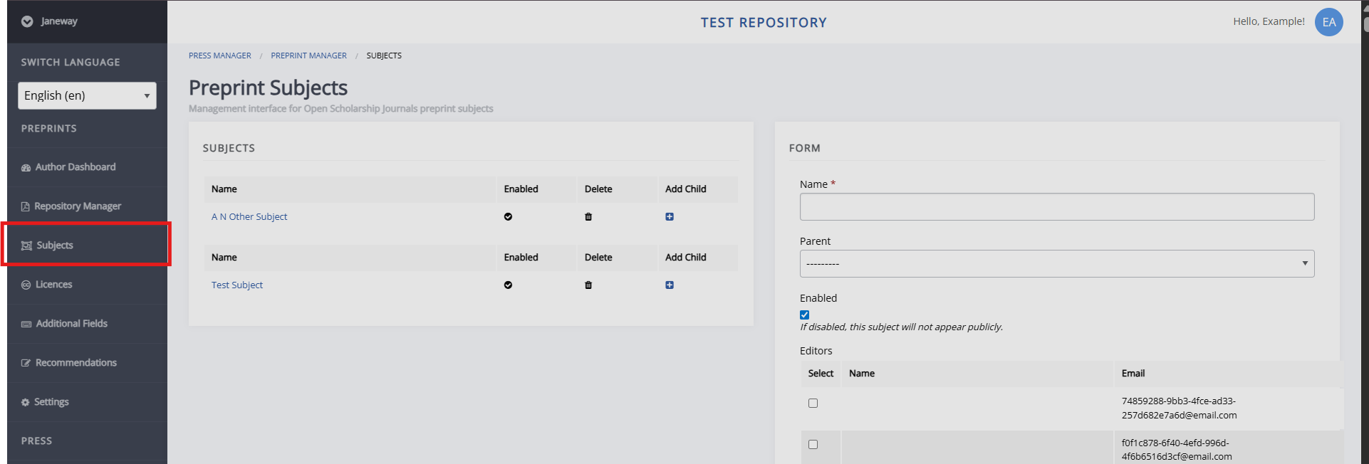 "The repository subjects page."