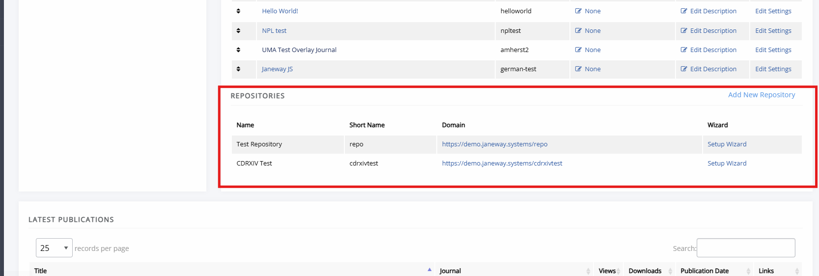 The repository list on the press manager page.