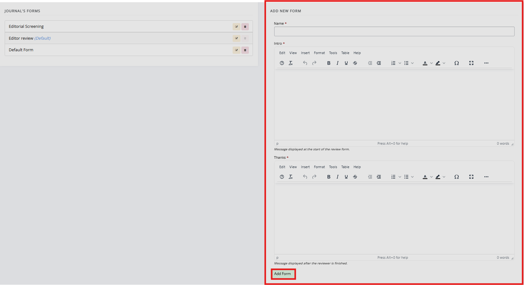 Review Form interface