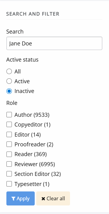 "A screenshot of the search options for the user search. Including a text field and various filters."