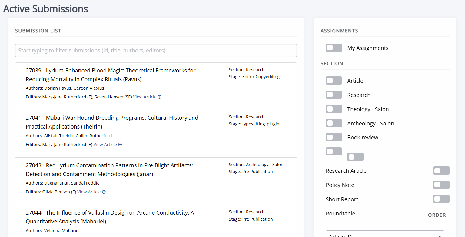 An example of a submission list page on Janeway