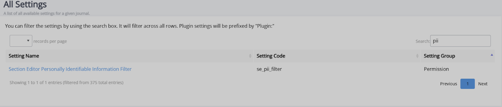 "All settings page with the Section editor personally identifiable information filter."