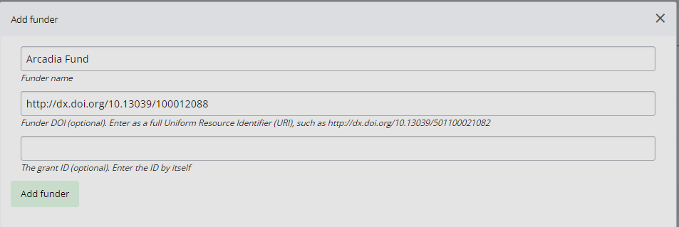 "The funder ID block, with example information."