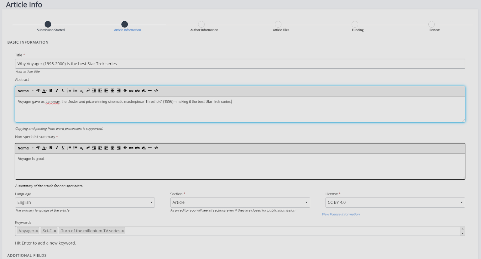 The article information page, filled with example data.
