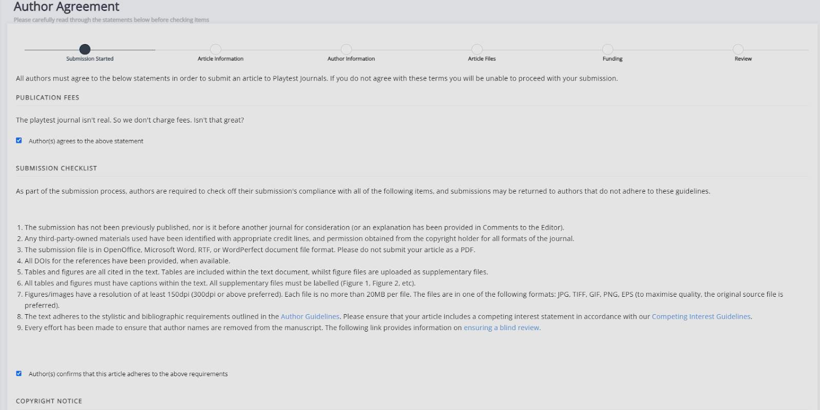 The author agreement page.