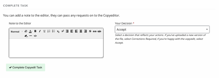 "The block where authors can leave notes to the editor, record their decision and the button they click to complete the task."