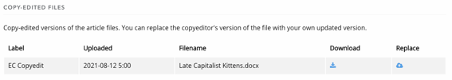 "The block for copyedited files, listing copyedited files accompanied by a download button and replace button for each file."