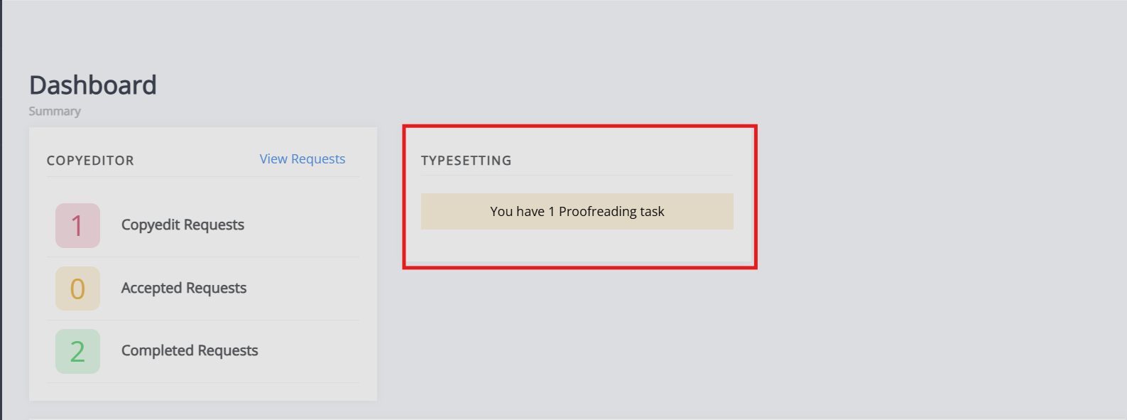 "A zoomed out version of the proofing block on the author dashboard, displaying there is one proofing task, to show users where on the page it is"
