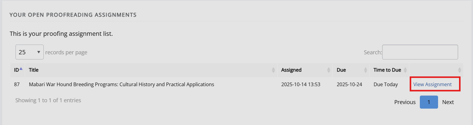 "The page displaying a list of open proofing assignments."