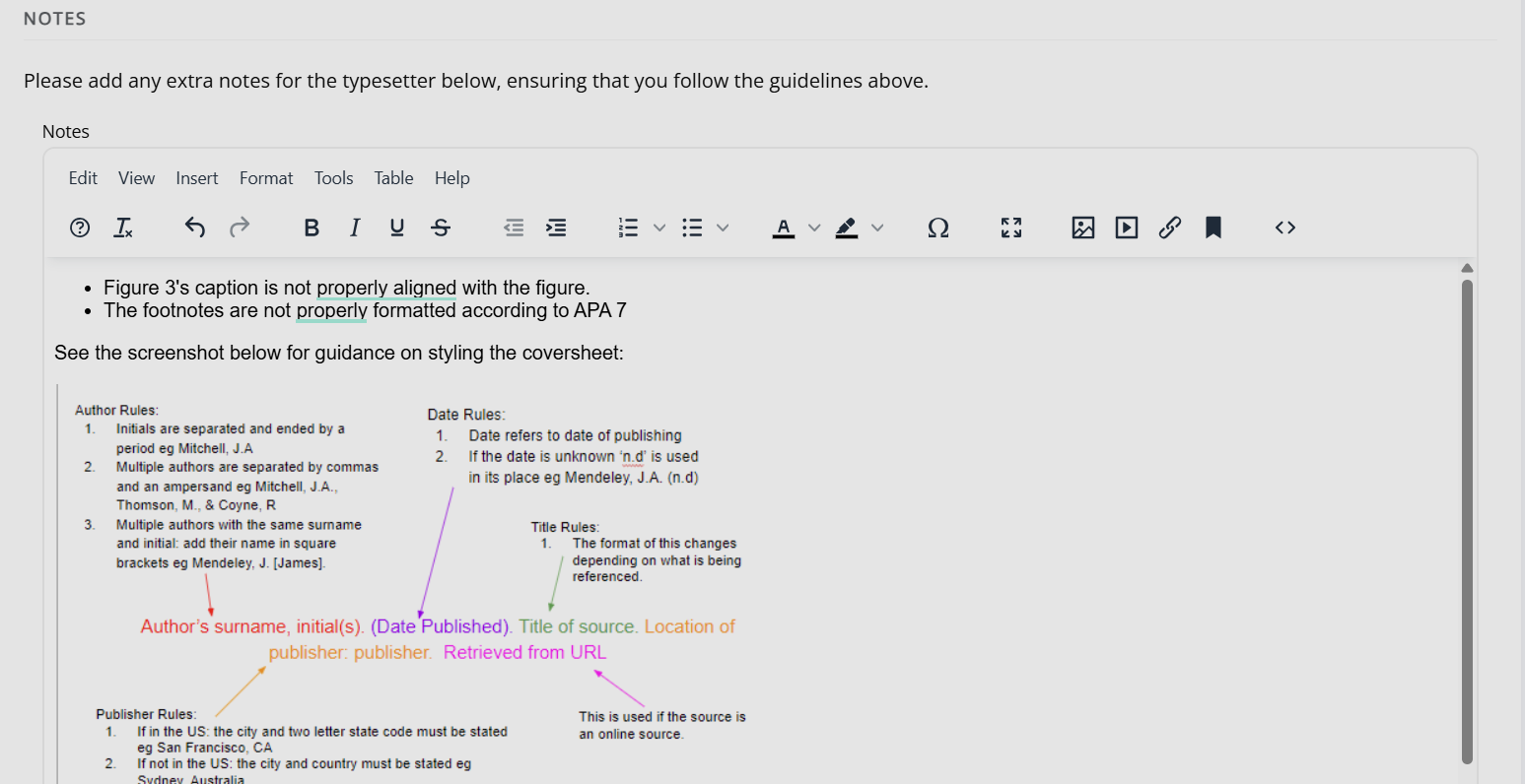 Providing proofreading notes via a text editor