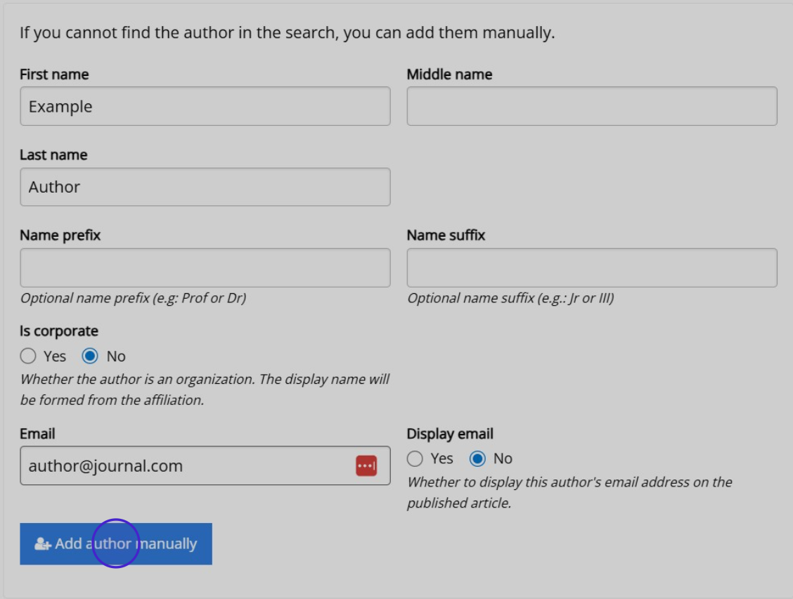 "The page where someone can manually add an author to the submission and enter their details."