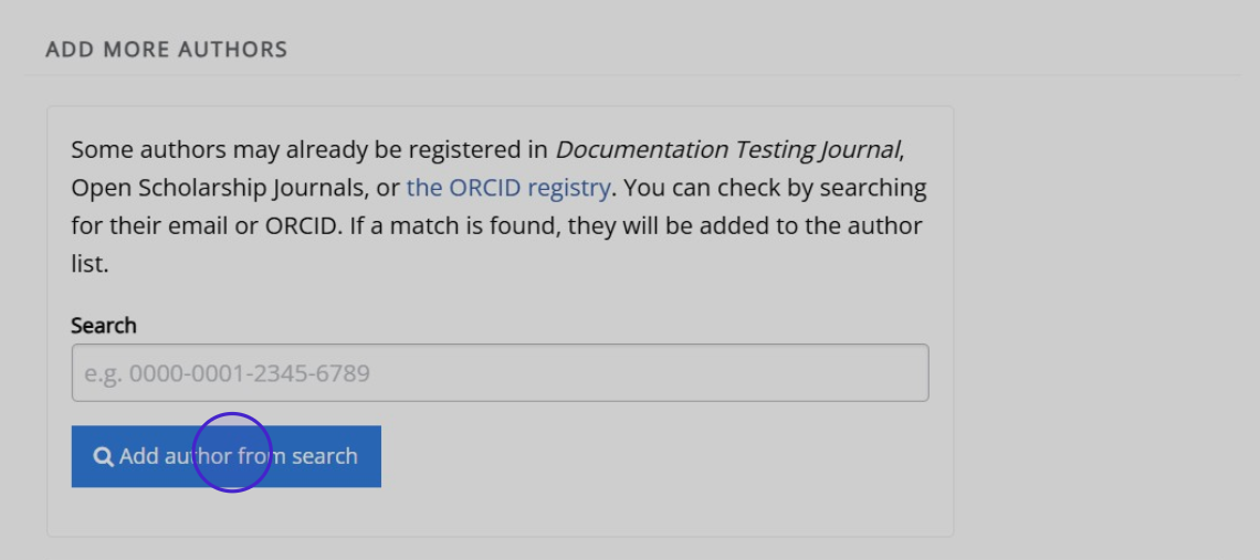 "The Add more authors block with the button to search for authors highlighted."