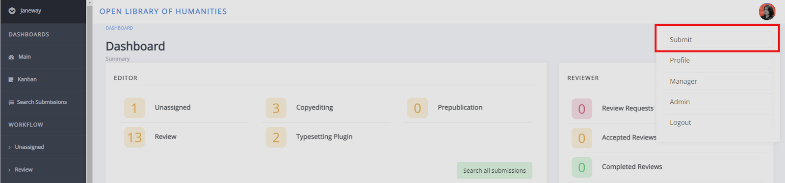The dropdown menu on the submission platform