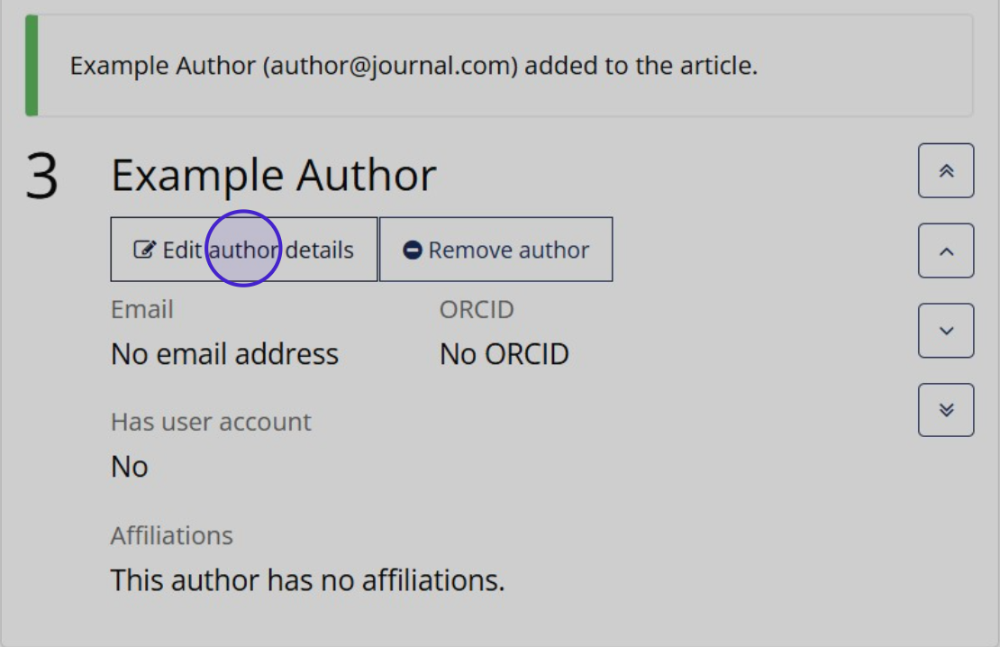 "An example author on a submission, with the button to edit author details highlighted."