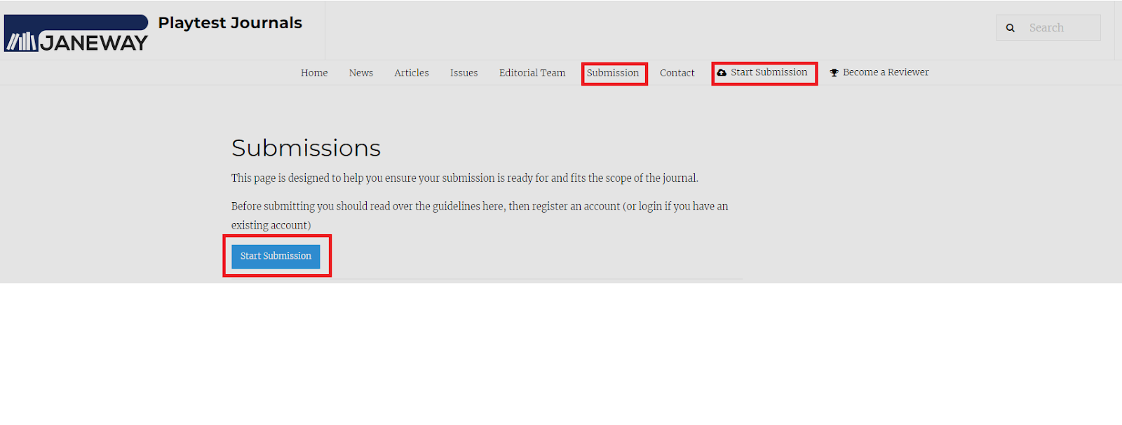 An example submissions page. The submissions button on the page and the navbar items for Start a submission and Submissions are highlighted.